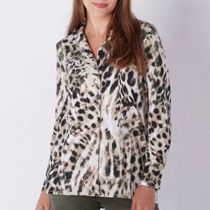 WYNNE LAYERS Cotton Spandex Knit 3 Button Long Sleeve Shirt Leopard Print Sz 1X